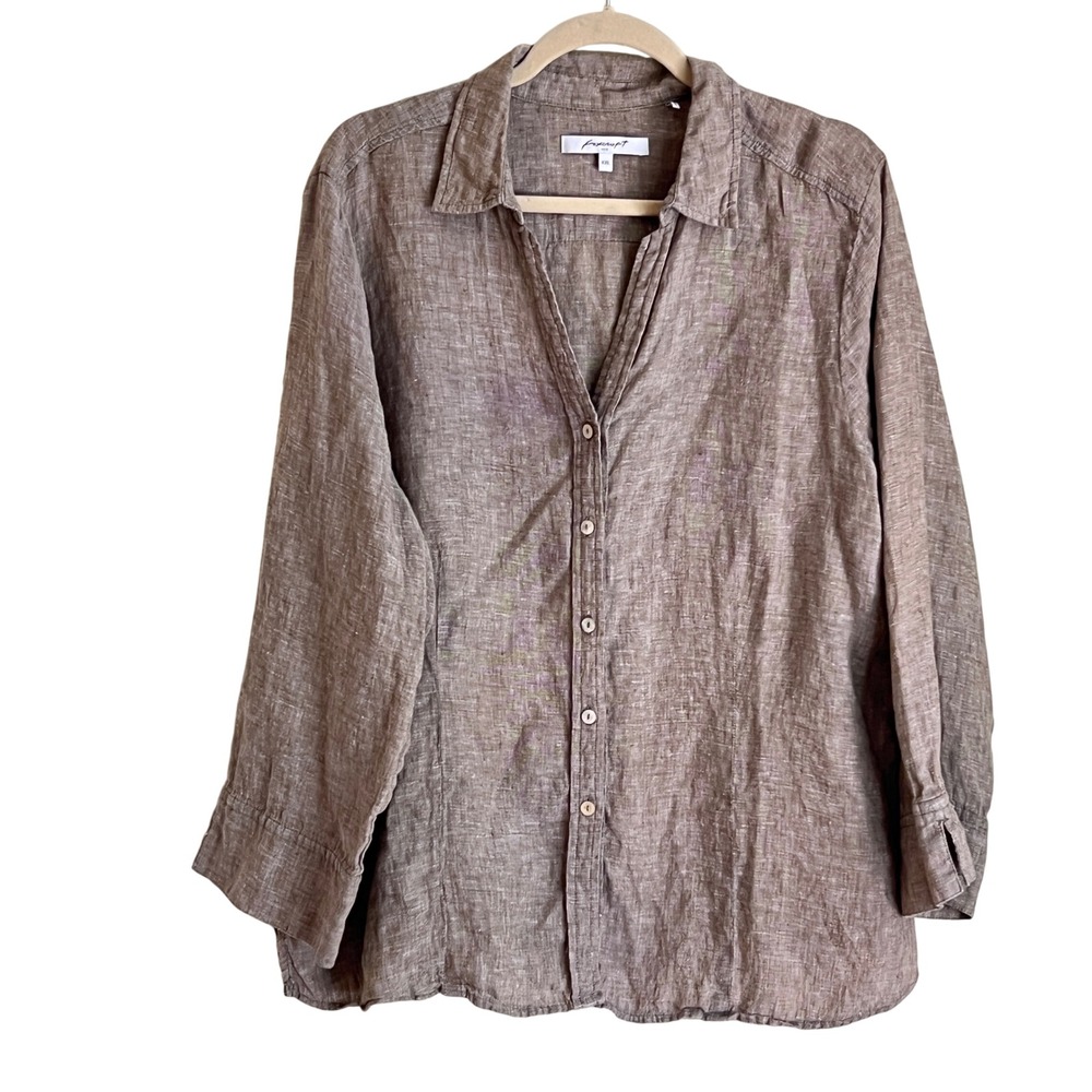Foxcroft NYC Linen Button Down XXL Womens 3/4 Sleeve Pleated Brown Coastal Shirt